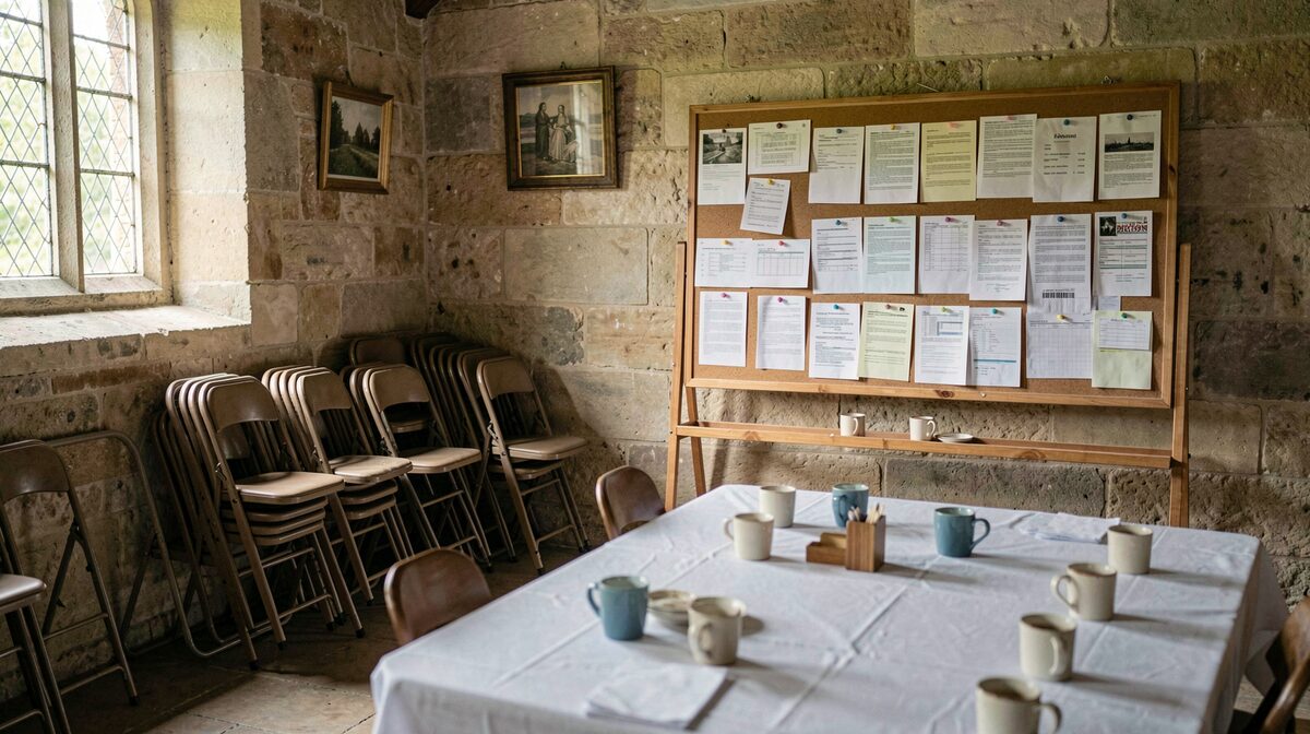 A modest stone church hall in morning light, folding chairs stacked by the wall, a long table with coffee cups, a bulletin board with dated paper notices, photographed straight on.