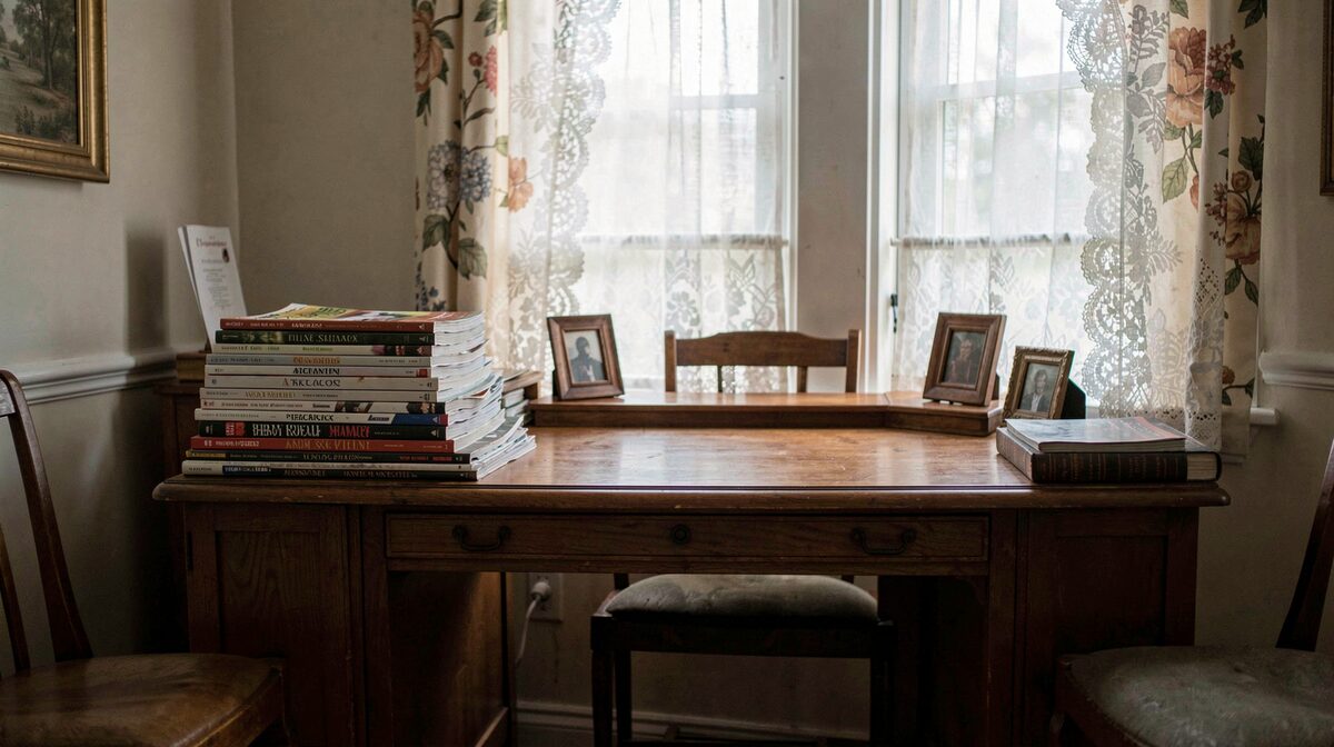 A modest American boarding house parlor in soft afternoon light, photographed straight on, showing a wooden desk, stacked magazines, and a lace curtain window.